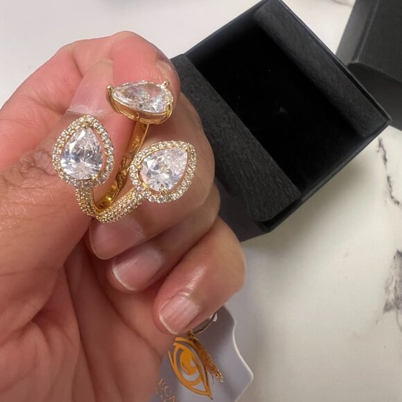 EyeCandy Los Angeles Statement Ring Gold Tone Triple Pear CZ Halo Cocktail Sz 8” - Picture 3 of 10